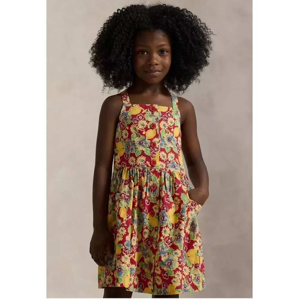 Polo Ralph Lauren NWT Girls Classic Portifino Lemon-Floral Slub Dress Multicolor